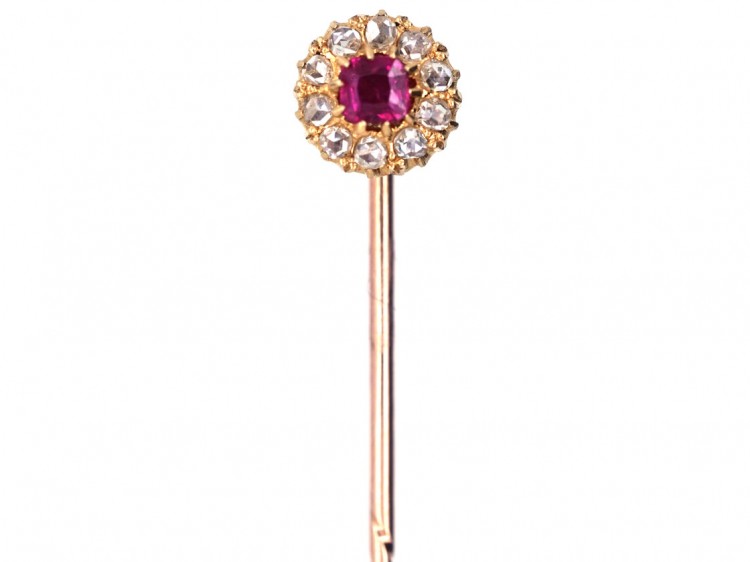 Edwardian Rose Diamond & Ruby Cluster Tie Pin