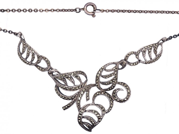 Silver & Marcasite Art Deco Leaf Necklace