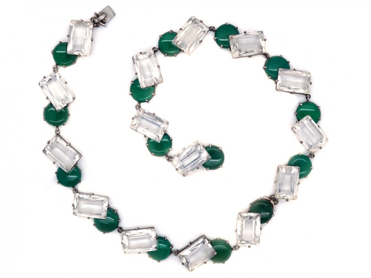 Art Deco Silver, Rock Crystal & Green Chalcedony Necklace