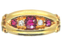 Edwardian 18ct Gold, Ruby and Diamond Boat Shaped Scroll Design Ring