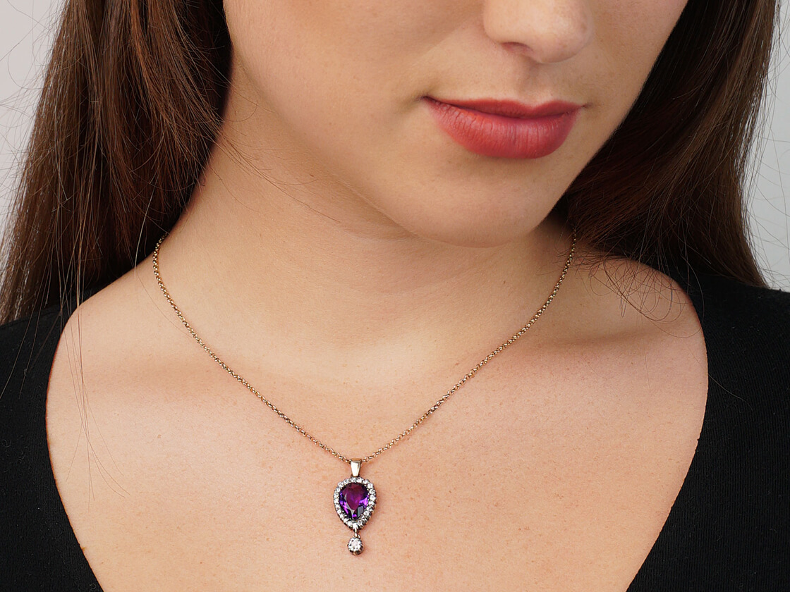 Edwardian Amethyst & Diamond Pear Shaped Pendant with Diamond Drop ...