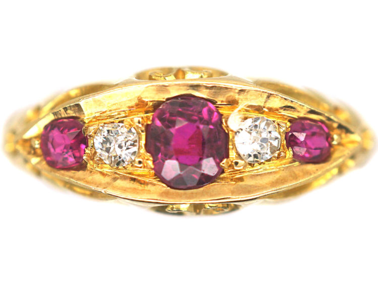 Edwardian 18ct Gold, Ruby and Diamond Boat Shaped Ring
