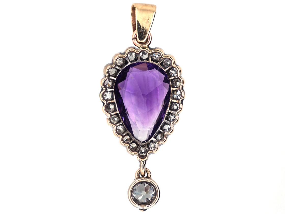 Edwardian Amethyst & Diamond Pear Shaped Pendant with Diamond Drop ...