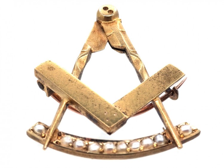 Victorian 15ct Gold & Natural Split Pearl Masonic Brooch in Original Case
