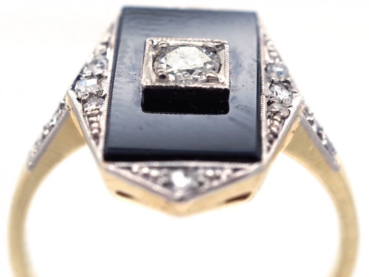 Art Deco 18ct Gold & Platinum, Onyx & Diamond Rectangular Ring