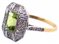 Art Deco 18ct Gold & Platinum, Rectangular Peridot & Diamond Ring