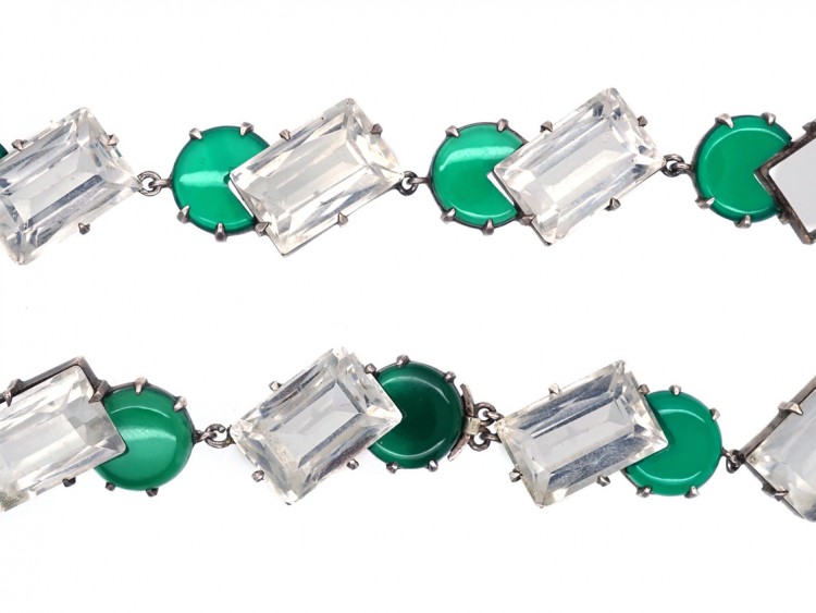 Art Deco Silver, Rock Crystal & Green Chalcedony Necklace