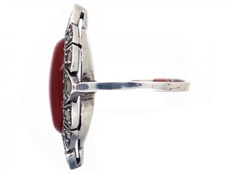 Art Deco Silver, Carnelian & Marcasite Ring