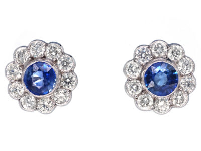 Large 18ct White Gold, Ceylon Sapphire & Diamond Cluster Earrings