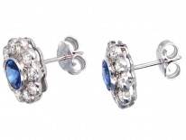 Large 18ct White Gold, Ceylon Sapphire & Diamond Cluster Earrings