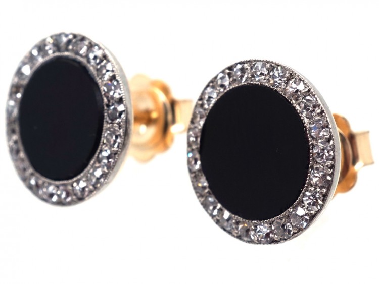 Art Deco Diamond & Onyx Round Earrings