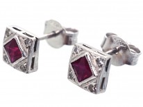 18ct White Gold Ruby ​& Diamond Square Earrings