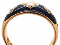 Victorian 18ct Gold, Diamond, Natural Split Pearl & Enamel Mourning Ring