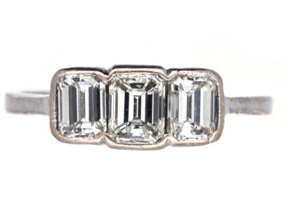 Art Deco 18ct White Gold Emerald Cut Three Stone Diamond Ring