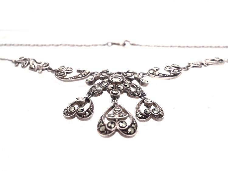 Art Deco Silver & Marcasite Triple Drop Necklace