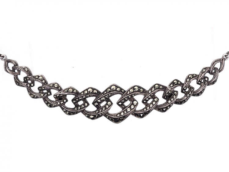 Art Deco Silver & Marcasite Articulated Ovoid Design Necklace