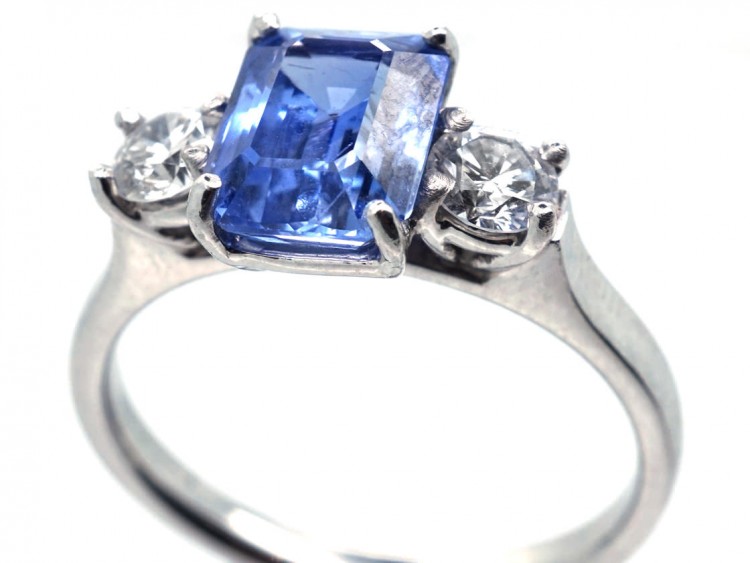 Platinum, Ceylon Sapphire & Diamond Three Stone Ring