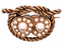 Edwardian 18ct Gold Double Heart Natural Split Pearl Brooch With Lover's Knot