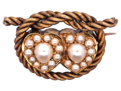Edwardian 18ct Gold Double Heart Natural Split Pearl Brooch With Lover’s Knot