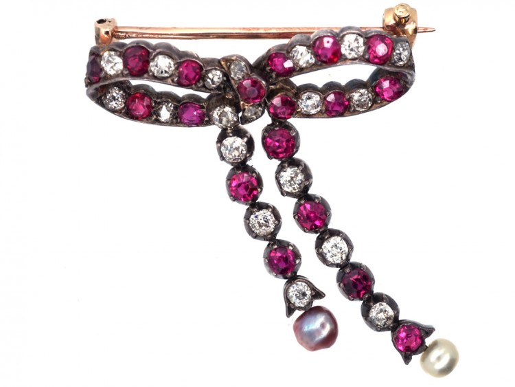 Edwardian Ruby, Natural Pearl & Diamond Bow Brooch