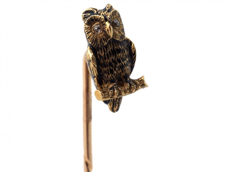 Victorian 18ct Gold Owl Stick Pin with Diamond Eyes