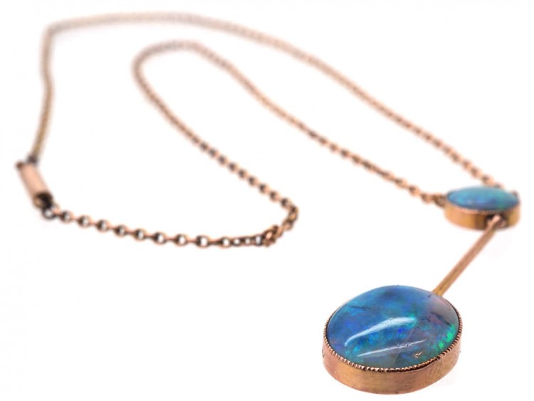 Edwardian 9ct Gold Pendant with Two Black Opal Drops on a 9ct Gold Chain