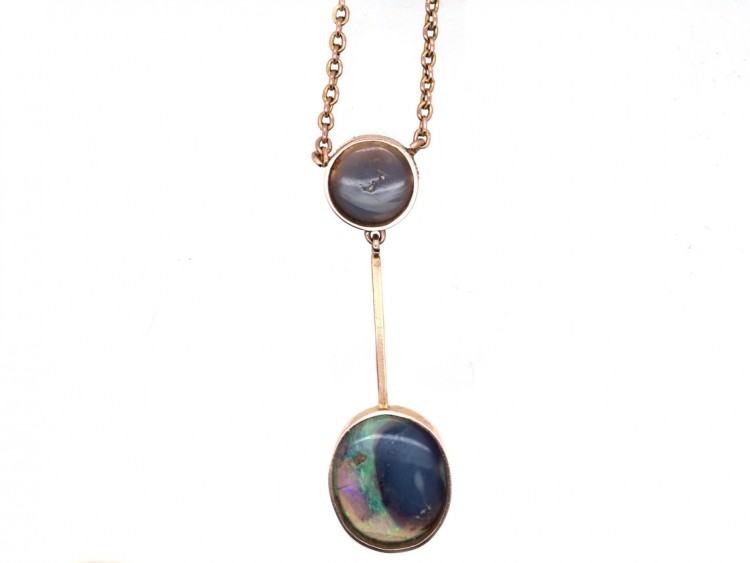 Edwardian 9ct Gold Pendant with Two Black Opal Drops on a 9ct Gold Chain