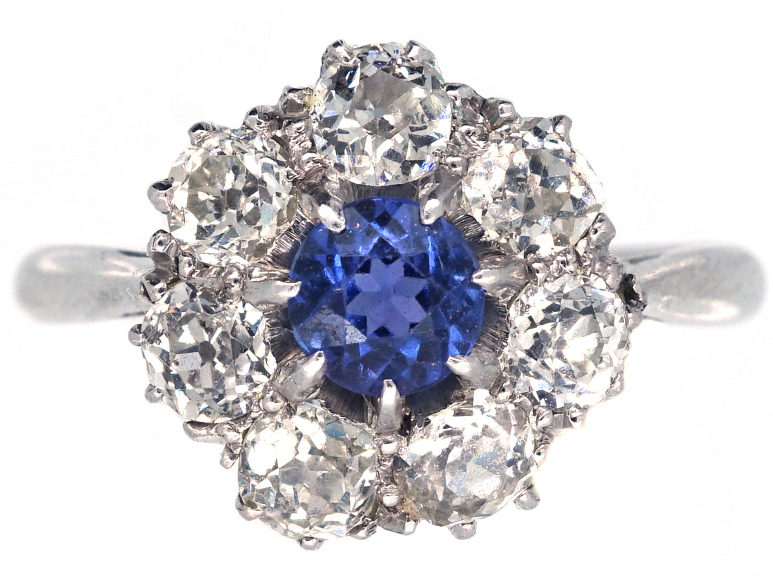 Platinum, Diamond & Sapphire Cluster Ring (158/O) | The Antique