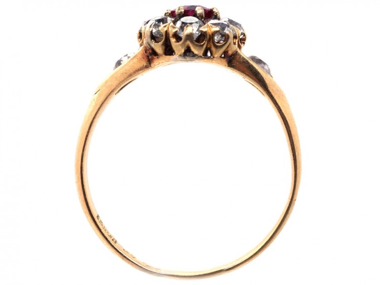 Edwardian 18ct Gold, Ruby & Diamond Cluster Ring With Diamond Shoulders