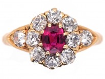 Edwardian 18ct Gold, Ruby & Diamond Cluster Ring With Diamond Shoulders