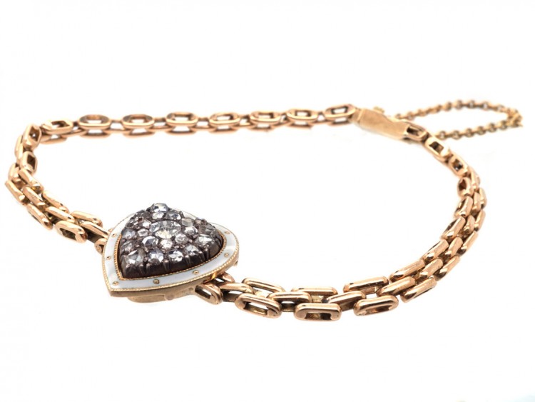 Edwardian 15ct Gold, Enamel & Diamond Heart Bracelet