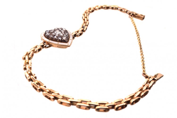 Edwardian 15ct Gold, Enamel & Diamond Heart Bracelet