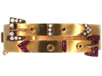Edwardian 9ct Gold Double Buckle Bangle With Ruby & Natural Split Pearl Detail
