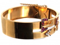 Edwardian 9ct Gold Double Buckle Bangle With Ruby & Natural Split Pearl Detail