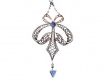 Art Deco Platinum, Sapphire & Diamond Bow Design Pendant on Platinum Chain