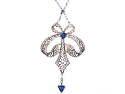 Art Deco Platinum, Sapphire & Diamond Bow Design Pendant on Platinum Chain