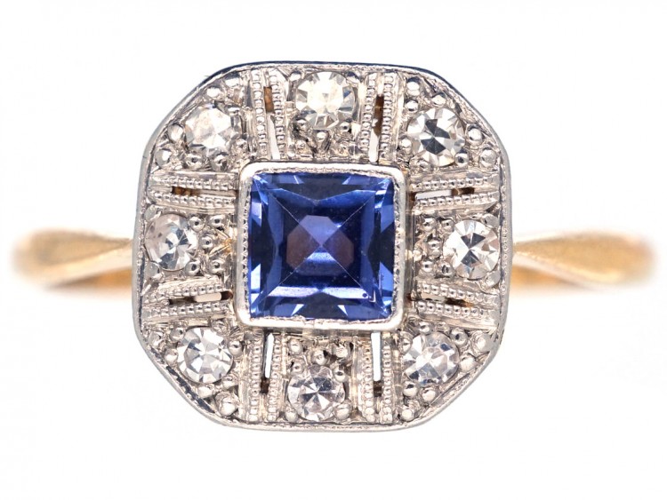 Art Deco 18ct Gold & Platinum, Diamond & Montana Sapphire Octagonal Ring