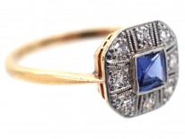 Art Deco 18ct Gold & Platinum, Diamond & Montana Sapphire Octagonal Ring