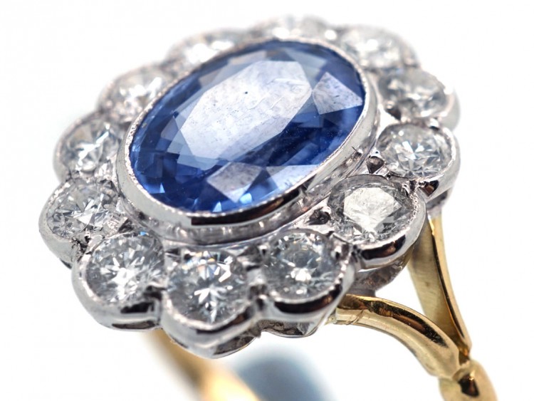 18ct Gold & Platinum, Ceylon Sapphire & Diamond Cluster Ring - The