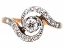 French 18ct Gold & Platinum, Art Nouveau Diamond Swirl Ring