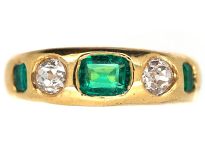 Victorian Diamond & Emerald Rub Over Set 18ct Gold Ring