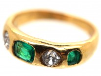 Victorian Diamond & Emerald Rub Over Set 18ct Gold Ring