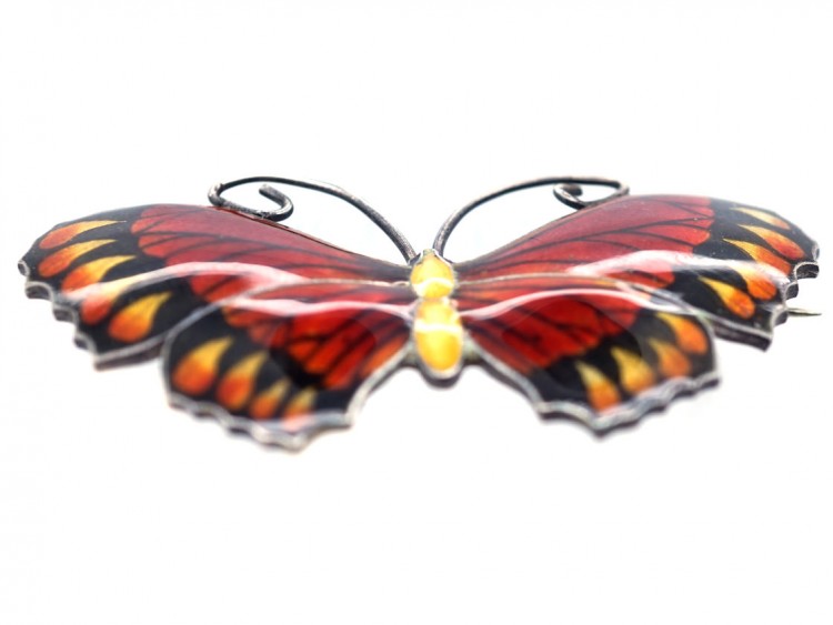 Silver, Brown & Yellow Enamel Butterfly Brooch