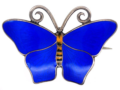 Norwegian Silver & Blue Enamel Butterfly Brooch by Hestenes