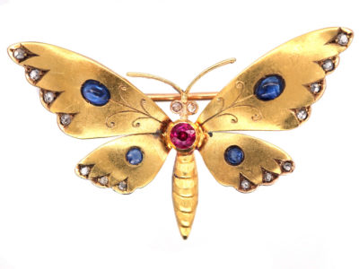 Russian 14ct Gold, Sapphire Ruby & Diamond Butterfly Brooch