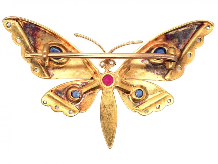 Russian 14ct Gold, Sapphire Ruby & Diamond Butterfly Brooch
