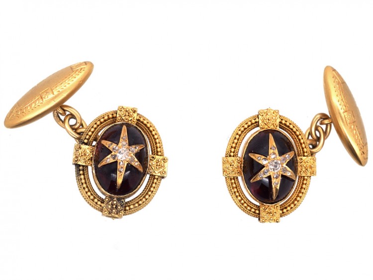 Victorian 18ct Gold Cabochon Garnet ​& Diamond Star Set Cufflinks