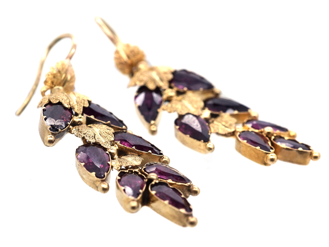 Georgian 15ct Gold & Alamandine Garnet Leaf Drop Earrings (421H) | The ...