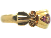 Edwardian 18ct Gold, Ruby and Diamond Boat Shaped Scroll Design Ring