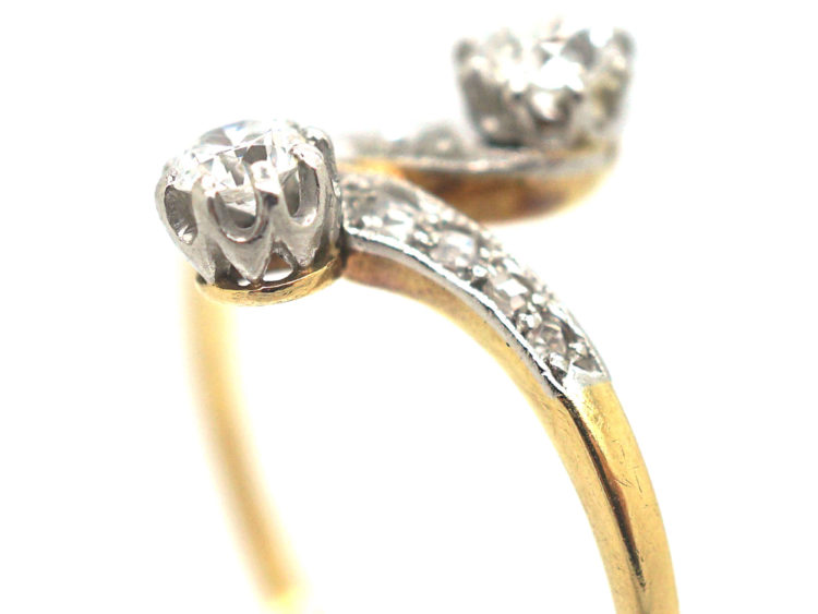 Art Nouveau 18ct Gold & Platinum, Two Stone Diamond Crossover Ring
